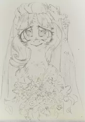 Size: 700x1000 | Tagged: safe, artist:jericoanon, derpibooru import, starlight glimmer, pony, unicorn, blushing, bouquet, clothes, cute, dress, female, flower, glimmerbetes, mare, marriage, monochrome, solo, wedding, wedding dress, wedding veil