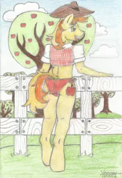 Size: 1019x1489 | Tagged: suggestive, artist:vesperce, derpibooru import, braeburn, anthro, unguligrade anthro, apple, apple tree, ass, bikini, button-up shirt, clothes, crossdressing, femboy, fence, food, leaning, male, solo, solo male, swimsuit, traditional art, tree