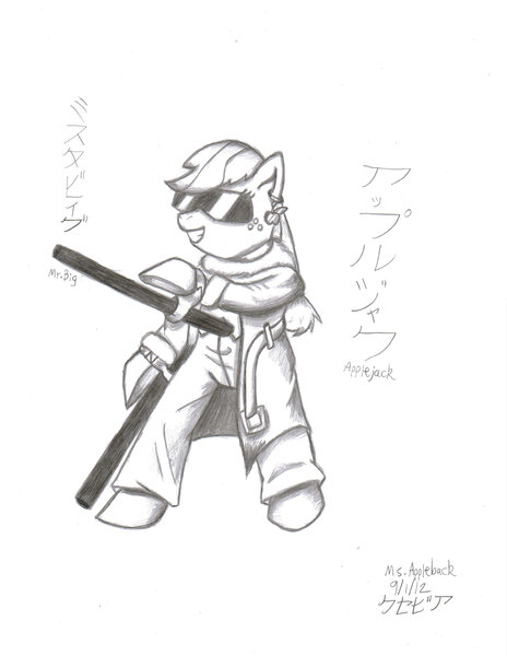 Size: 2532x3276 | Tagged: applejack, artist:xcesskinavira, art of fighting, clothes, cosplay, costume, crossover, derpibooru import, japanese, king of fighters, monochrome, mr. big, safe, sketch, snk, solo, traditional art