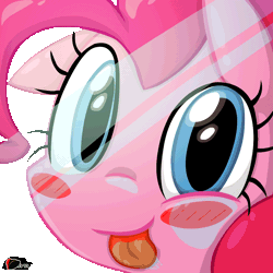 Size: 1000x1000 | Tagged: safe, artist:ggumbaramggun, derpibooru import, pinkie pie, :p, animated, blush sticker, blushing, cute, diapinkes, drool, fourth wall, gif, glass, licking, looking at you, simple background, smiling, solo, tongue out, transparent background