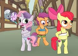 Size: 4033x2915 | Tagged: safe, artist:elephanteddie, derpibooru import, part of a set, apple bloom, diamond tiara, scootaloo, silver spoon, sweetie belle, pony, back alley, bipedal, blue underwear, blushing, boyshorts, bra, button underwear, buttons, clothes, clothing theft, covering, crop top bra, cutie mark, cutie mark crusaders, embarrassed, embarrassed underwear exposure, evil grin, eyes closed, female, filly, frilly underwear, green underwear, grin, humiliation, panties, pink underwear, ponyville, ribbon, smiling, the cmc's cutie marks, thong, underwear, vulgar description, we don't normally wear clothes
