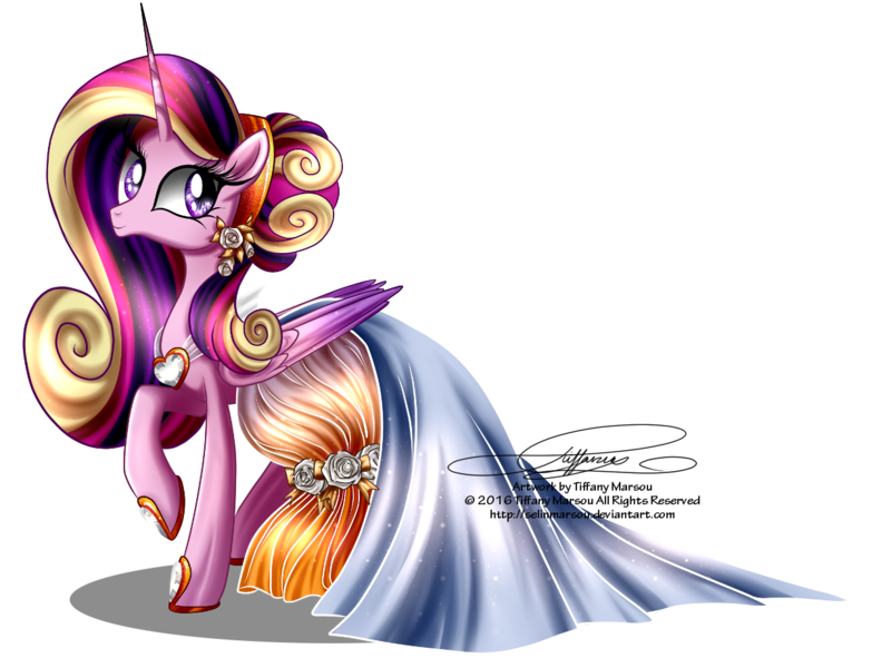 Size: 1200x919 | Tagged: artist:tiffanymarsou, clothes, derpibooru import, dress, gala dress, princess cadance, safe, simple background, smiling, solo, transparent background, watermark