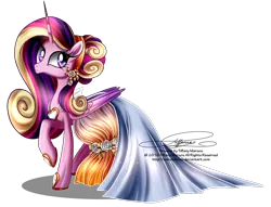 Size: 1200x919 | Tagged: artist:tiffanymarsou, clothes, derpibooru import, dress, gala dress, princess cadance, safe, simple background, smiling, solo, transparent background, watermark