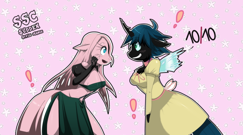 Size: 1599x890 | Tagged: safe, artist:traupa, derpibooru import, queen chrysalis, oc, oc:fluffle puff, anthro, alternate hairstyle, anthro oc, bandeau, breasts, busty fluffle puff, canon x oc, chrysipuff, clothes, dress, female, lesbian, midriff, shipping, side slit, sudden style change