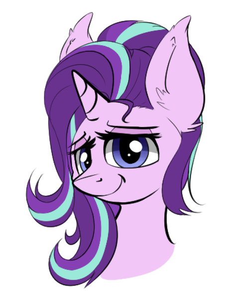 Size: 608x739 | Tagged: artist:duop-qoub, bust, derpibooru import, ear fluff, looking at you, portrait, sad, safe, simple background, smiling, solo, starlight glimmer, white background