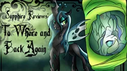 Size: 1024x576 | Tagged: safe, artist:animechristy, derpibooru import, queen chrysalis, oc, oc:sapphire heart song, changeling, changeling queen, pegasus, pony, every little thing she does, ppov, to where and back again, border, cocoon, female, review, text, title card