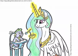 Size: 1024x742 | Tagged: alicorn, artist:artistnjc, baby spike, derpibooru import, dragon, feeding, highchair, magic, momlestia, open mouth, princess celestia, safe, simple background, sitting, smiling, spike, spread wings, telekinesis, traditional art, white background