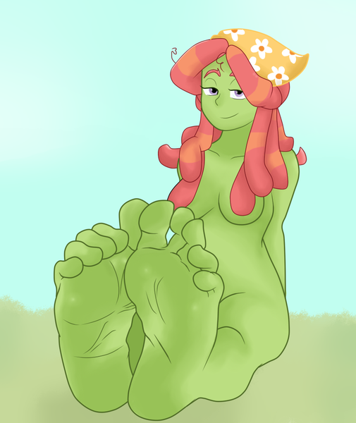 Size: 850x1010 | Tagged: suggestive, anonymous artist, derpibooru import, tree hugger, equestria girls, barefoot, bedroom eyes, breasts, busty tree hugger, equestria girls-ified, feet, female, foot fetish, foot focus, godiva hair, looking at you, nudity, sitting, soles, solo, strategically covered, toes