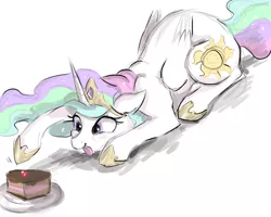 Size: 1500x1200 | Tagged: safe, artist:buttersprinkle, derpibooru import, princess celestia, pony, :p, behaving like a cat, cake, cakelestia, catlestia, cute, cutelestia, eyes on the prize, floppy ears, food, plate, prone, sillestia, silly, silly pony, simple background, smiling, solo, tongue out, white background
