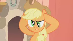 Size: 1280x720 | Tagged: safe, derpibooru import, screencap, applejack, earth pony, pony, look before you sleep, cross-eyed, frown, holding head, solo