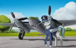 Size: 3000x1890 | Tagged: safe, artist:mrscroup, derpibooru import, oc, unofficial characters only, bat pony, pony, bat pony oc, clothes, commission, de havilland mosquito, looking at you, plane, royal air force, scenery, smiling, solo, uniform, world war ii