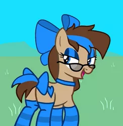 Size: 439x450 | Tagged: artist:kenos, bow, clothes, derpibooru import, glasses, looking back, oc, oc:shayna, pony town, socks, solo, striped socks, suggestive, tail bow, unofficial characters only