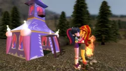 Size: 1360x768 | Tagged: safe, artist:mk513, artist:timetimeout, derpibooru import, sci-twi, sunset shimmer, twilight sparkle, equestria girls, legend of everfree, 3d, camper, campfire, clothes, female, forest, gmod, kissing, lesbian, missing accessory, scitwishimmer, shipping, shorts, sunsetsparkle, tent