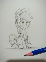 Size: 1920x2560 | Tagged: safe, artist:bugplayer, derpibooru import, applejack, earth pony, pony, 15 minute ponies, bugplayer is trying to murder us, cute, female, jackabetes, mare, pencil, pencil drawing, sitting, sketch, smiling, solo, traditional art