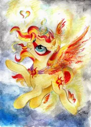 Size: 1024x1421 | Tagged: safe, artist:moonlight-ki, derpibooru import, sunset shimmer, pony, unicorn, equestria girls, daydream shimmer, fiery shimmer, fiery wings, fire, grin, magic, smiling, solo, sunset phoenix, traditional art, wings