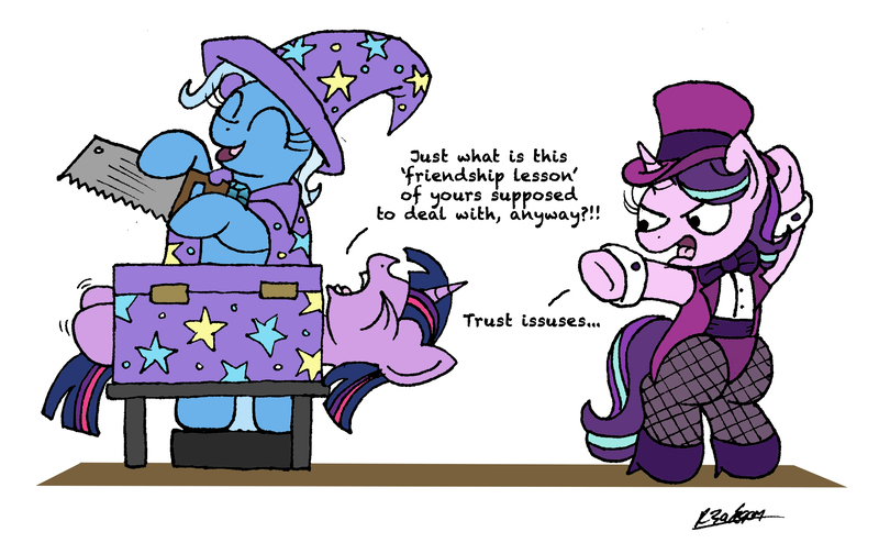 Size: 2286x1413 | Tagged: safe, artist:bobthedalek, derpibooru import, starlight glimmer, trixie, twilight sparkle, twilight sparkle (alicorn), alicorn, pony, unicorn, assistant, assistant's outfit, bipedal, box sawing trick, clothes, dialogue, eyes closed, fishnets, hat, jacket, magic show, open mouth, saw, shoes, simple background, smiling, this will end in tears and/or death, top hat, trixie's cape, trixie's hat, white background