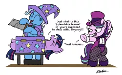Size: 2286x1413 | Tagged: safe, artist:bobthedalek, derpibooru import, starlight glimmer, trixie, twilight sparkle, twilight sparkle (alicorn), alicorn, pony, unicorn, assistant, assistant's outfit, bipedal, box sawing trick, clothes, dialogue, eyes closed, fishnets, hat, jacket, magic show, open mouth, saw, shoes, simple background, smiling, this will end in tears and/or death, top hat, trixie's cape, trixie's hat, white background