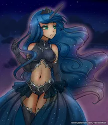 Size: 850x989 | Tagged: adorasexy, artist:racoonsan, belly button, breasts, clothes, colored, cute, derpibooru import, evening gloves, eyeshadow, female, gloves, horned humanization, human, humanized, lunabetes, makeup, midriff, miniskirt, princess luna, sexy, skirt, solo, solo female, stockings, suggestive, traditional art