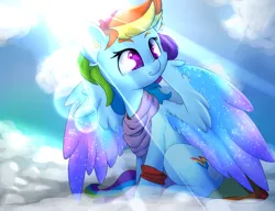 Size: 2600x2000 | Tagged: safe, artist:madacon, derpibooru import, rainbow dash, pegasus, pony, cloud, color porn, crepuscular rays, cute, dashabetes, female, mare, sky, smiling, solo, sun