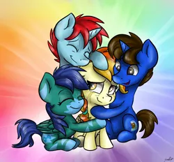 Size: 3014x2798 | Tagged: safe, artist:gaelledragons, derpibooru import, oc, oc:flashy, oc:little flame, oc:raving story, oc:red diamond, unofficial characters only, pegasus, pony, unicorn, group hug, hug