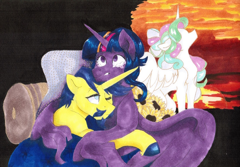 Size: 1106x768 | Tagged: safe, artist:frozensoulpony, derpibooru import, comet tail, princess celestia, twilight sparkle, twilight sparkle (alicorn), alicorn, pony, cometlight, crying, male, older, one eye closed, shipping, spread wings, straight, sunflower, traditional art