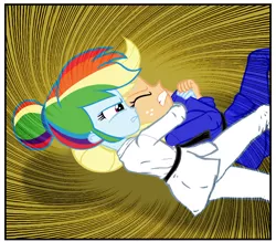 Size: 925x810 | Tagged: safe, artist:ponymaan, derpibooru import, applejack, rainbow dash, comic:lyra-lyra's bizarre adventure, equestria girls, barefoot, black belt, clothes, comic, competition, feet, fight, gi, gritted teeth, hatless, judo, martial arts, missing accessory, pain, robe, trousers