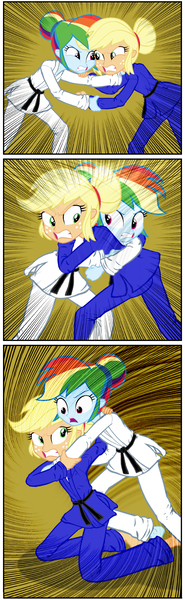 Size: 925x3002 | Tagged: safe, artist:ponymaan, derpibooru import, applejack, rainbow dash, comic:lyra-lyra's bizarre adventure, equestria girls, barefoot, black belt, clothes, comic, competition, feet, fight, gi, gritted teeth, hatless, judo, martial arts, missing accessory, pain, robe, trousers