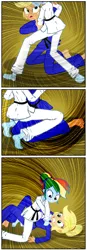 Size: 925x2646 | Tagged: safe, artist:ponymaan, derpibooru import, applejack, rainbow dash, comic:lyra-lyra's bizarre adventure, equestria girls, barefoot, black belt, clothes, comic, competition, feet, fight, gi, gritted teeth, hatless, judo, martial arts, missing accessory, pain, robe, smiling, smirk, sports, trousers