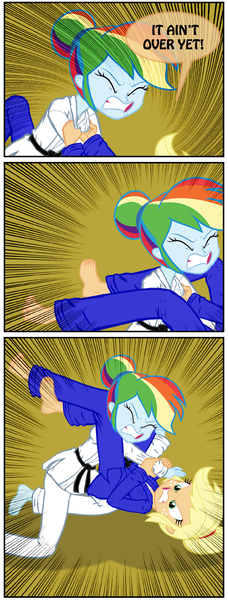 Size: 925x2438 | Tagged: safe, artist:ponymaan, derpibooru import, applejack, rainbow dash, comic:lyra-lyra's bizarre adventure, equestria girls, barefoot, black belt, clothes, comic, competition, feet, fight, gi, gritted teeth, hatless, judo, martial arts, missing accessory, pain, robe, speech bubble, trousers