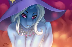 Size: 1080x716 | Tagged: suggestive, artist:tron-zix, derpibooru import, trixie, anthro, unicorn, absolute cleavage, bedroom eyes, breasts, busty trixie, cleavage, crawling, digital art, explicit source, female, hanging breasts, jewelry, necklace, nudity, signature, smiling, solo, solo female, trixie's hat