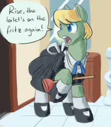 Size: 700x800 | Tagged: artist:goat train, bathroom, clothes, derpibooru import, dialogue, maid, mirror, oc, oc:bear trap, open mouth, plunger, safe, solo, speech bubble, toilet, unofficial characters only
