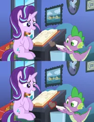 Size: 1500x1940 | Tagged: artist:titanium-pony, blowing, derpibooru import, dust, edit, edited screencap, every little thing she does, heart, hinting, male, safe, screencap, shipping, smiling, sparlight, spike, starlight glimmer, starlight's room, straight