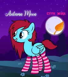 Size: 627x709 | Tagged: safe, artist:lobinchi, derpibooru import, oc, oc:autumn moon, unofficial characters only, pegasus, pony, clothes, cutie mark, female, flower, grin, leaf, mare, moon, night, smiling, socks, solo, stars, striped socks