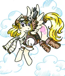 Size: 587x688 | Tagged: artist:skypinpony, art trade, boots, clothes, cloud, derpibooru import, flying, g1, goggles, hat, lofty, markers, safe, scarf, solo, steampunk, traditional art