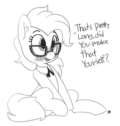 Size: 1280x1338 | Tagged: suggestive, artist:pabbley, derpibooru import, grace manewitz, earth pony, pony, blushing, dialogue, female, glasses, grayscale, implying, mare, monochrome, open mouth, simple background, sitting, smiling, solo, white background