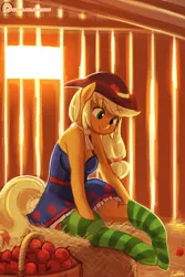 Size: 750x1125 | Tagged: safe, artist:lumineko, derpibooru import, applejack, anthro, earth pony, unguligrade anthro, apple, arm hooves, barn, clothes, cute, equestria girls outfit, fall formal outfits, female, food, hat, hay, jackabetes, patreon, patreon logo, smiling, socks, solo, stockings, striped socks