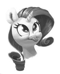 Size: 698x863 | Tagged: safe, artist:chef j, derpibooru import, rarity, pony, unicorn, bust, faic, female, mare, monochrome, portrait, rarara, silly, silly face, silly pony, smiling, solo, tongue out