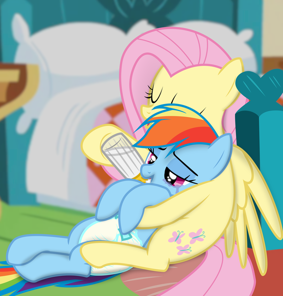Size: 3369x3529 | Tagged: questionable, artist:twilights-secret, derpibooru import, fluttershy, rainbow dash, pegasus, pony, adult foal, baby bottle, bed, covering, crossed legs, crying, diaper, diaper fetish, drinking, duo, duo female, eyes closed, female, fluttershy's cottage, fluttershy's cottage (interior), holding, hug, lidded eyes, mare, maternal instinct, milk, on back, open mouth, pillow, sitting, smiling, snuggling, spread wings, tears of joy
