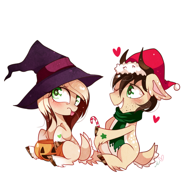 Size: 1200x1200 | Tagged: safe, artist:ipun, derpibooru import, oc, unofficial characters only, candy, candy cane, clothes, food, halloween, hat, heart, heart eyes, holiday, jack-o-lantern, pumpkin, santa hat, scarf, simple background, transparent background, unshorn fetlocks, wingding eyes, witch hat