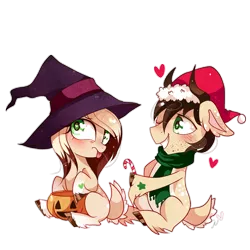 Size: 1200x1200 | Tagged: safe, artist:ipun, derpibooru import, oc, unofficial characters only, candy, candy cane, clothes, food, halloween, hat, heart, heart eyes, holiday, jack-o-lantern, pumpkin, santa hat, scarf, simple background, transparent background, unshorn fetlocks, wingding eyes, witch hat