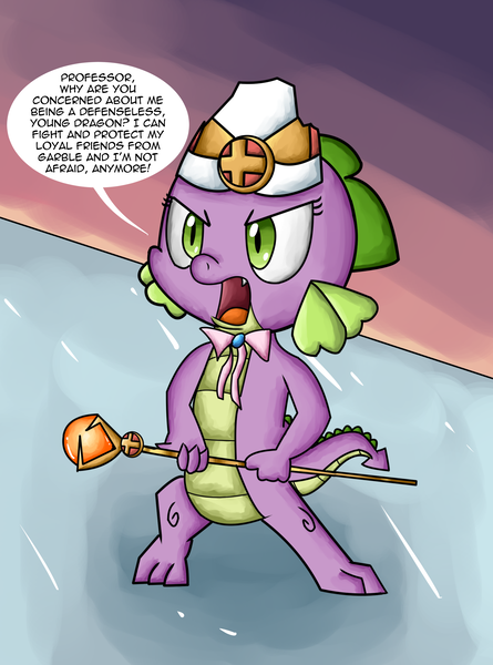 Size: 2756x3720 | Tagged: accessories, angry, angry eyes, artist:chiptunebrony, barb, cap, cleric, comic style, confrontation, defending, derpibooru import, dusk, emblem, final battle, glow, guardians of harmony, hat, ice, idw, idw publishing, nightfall, orb, reflection, ribbon, rod, rule 63, safe, solo, spike, staff, style emulation