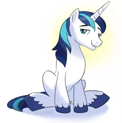 Size: 1356x1364 | Tagged: artist:lamar_bone, derpibooru import, lidded eyes, looking at you, safe, shining armor, sitting, smirk, solo