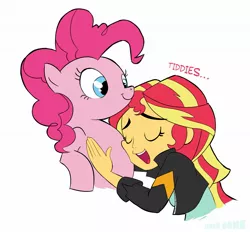 Size: 1883x1746 | Tagged: suggestive, artist:lamar_bone, derpibooru import, pinkie pie, sunset shimmer, equestria girls, breasts, clothes, delicious flat chest, dialogue, eyes closed, female, interspecies, leather jacket, lesbian, open mouth, pinkie loves bacon bits, role reversal, shipping, simple background, smiling, sunsetpie, white background