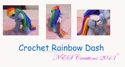 Size: 1024x551 | Tagged: amigurumi, artist:zero23, crochet, derpibooru import, irl, photo, plushie, rainbow dash, safe, solo, watermark, yarn