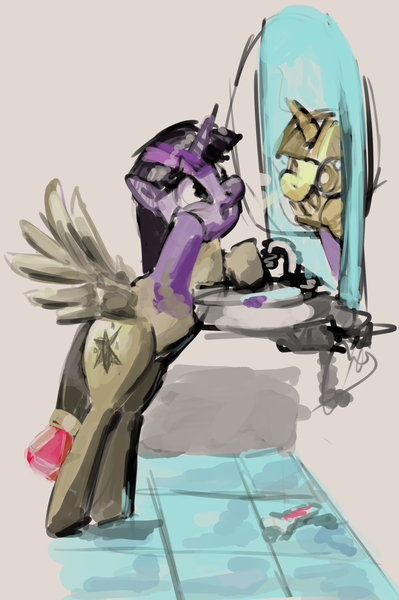 Size: 1290x1939 | Tagged: safe, artist:toisanemoif, derpibooru import, twilight sparkle, twilight sparkle (alicorn), alicorn, pony, bathroom, inanimate tf, mirror, newbie artist training grounds, scepter, solo, transformation, twilight scepter