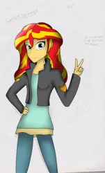 Size: 1024x1693 | Tagged: safe, artist:blodyslipness, derpibooru import, sunset shimmer, equestria girls, clothes, leather jacket, looking at you, pants, peace sign, smiling, solo, spanish, text