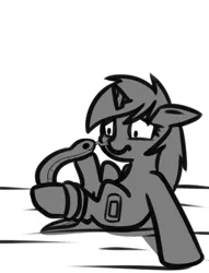 Size: 488x638 | Tagged: safe, artist:neuro, derpibooru import, oc, oc:littlepip, unofficial characters only, pony, snake, unicorn, fallout equestria, fanfic, :p, adorable distress, black and white, boop, cute, danger noodle, fanfic art, female, filly, floppy ears, frown, grayscale, hooves, horn, licking, monochrome, on back, scared, simple background, solo, tongue out, transparent background, wide eyes