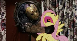 Size: 757x410 | Tagged: artist needed, semi-grimdark, derpibooru import, edit, edited screencap, screencap, fluttershy, pegasus, pony, abuse, crossover, flutterbuse, friday the 13th, horror, impending doom, implied death, jason voorhees, movie, screaming, strangling, this will end in death, wat, what were you thinking, why, wtf