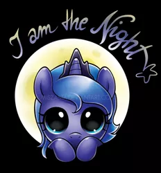 Size: 500x538 | Tagged: safe, artist:miszasta, derpibooru import, princess luna, alicorn, pony, big eyes, black background, bust, cute, dilated pupils, filly, full face view, full moon, i am the night, leaning, looking at you, lunabetes, moon, portrait, simple background, solo, text, weapons-grade cute, woona, younger