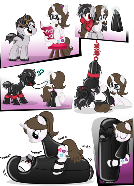 Size: 3000x4137 | Tagged: questionable, artist:nxzc88, derpibooru import, oc, oc:ledd mettle, oc:pyrisa miracles, unofficial characters only, pony, unicorn, blindfold, blushing, bodysuit, bondage, book, bound, bound together, clothes, comic, cuffs, encasement, female, femdom, frog (hoof), gag, gimp suit, goggles, grinding, hogtied, latex, latex suit, leggings, magic, male, mare, muzzle gag, ponytail, posture collar, question mark, reins, show accurate, simple background, sleepsack, spreader bar, squeak, straight, straitjacket, suspended, telekinesis, transparent background, underhoof, upside down